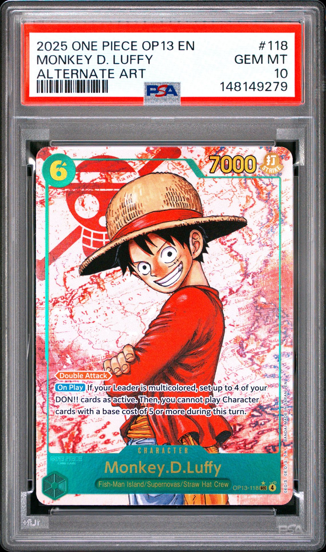 2025 One Piece Op13-Carrying On His Will Monkey D. Luffy #118 (Alternate Art) Gem Mt 10 front view - PSA graded GEM MT 10
