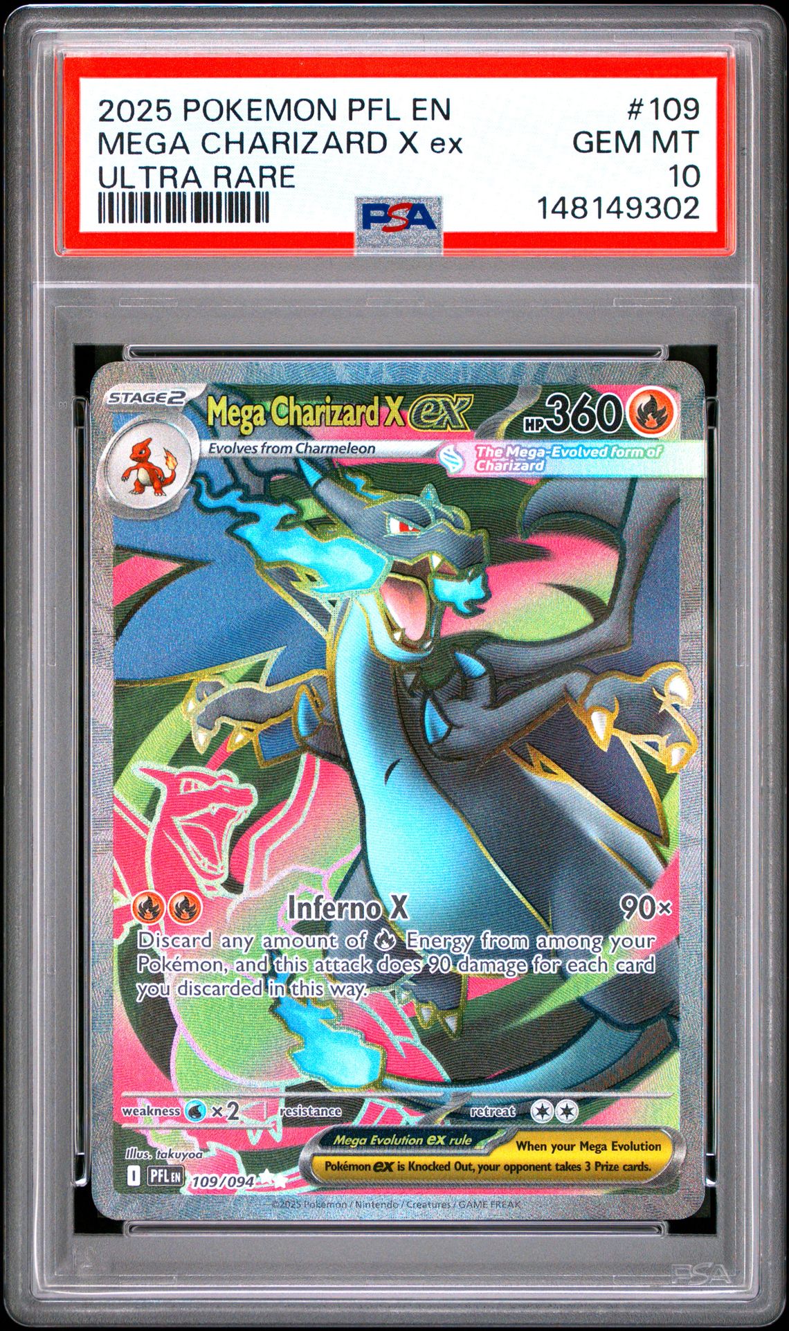 2025 Pokemon Pfl En-Phantasmal Flames Mega Charizard X Ex #109 (Ultra Rare) Gem Mt 10 front view - PSA graded GEM MT 10