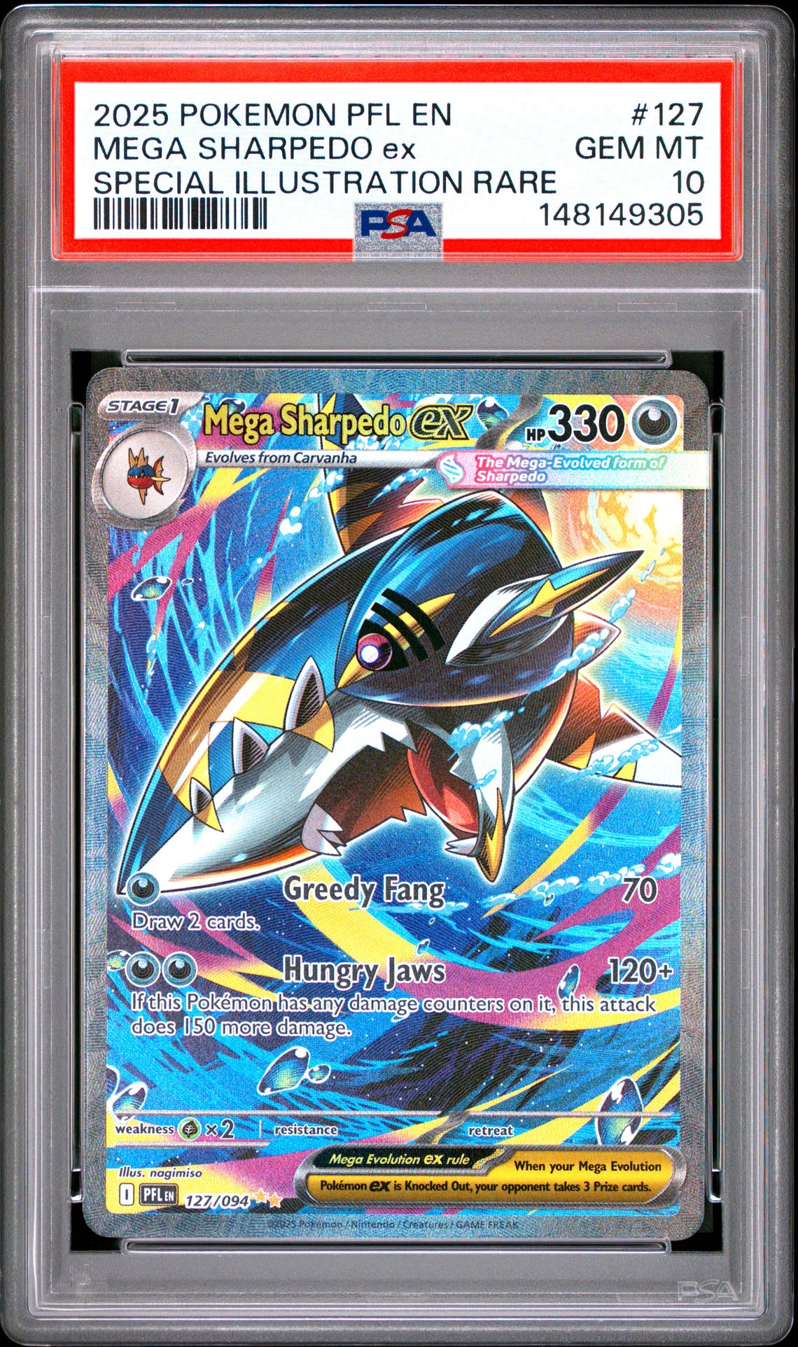2025 Pokemon Pfl En-Phantasmal Flames Mega Sharpedo Ex #127 (Special Illustration Rare) Gem Mt 10 front view - PSA graded GEM MT 10