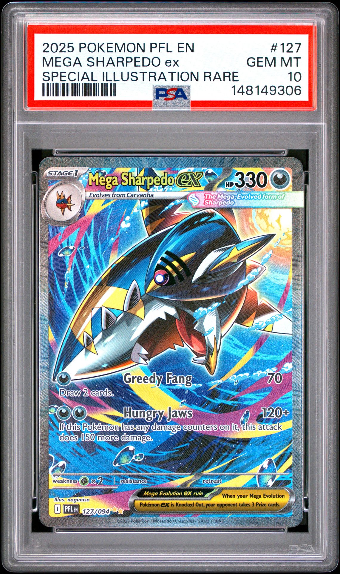 2025 Pokemon Pfl En-Phantasmal Flames Mega Sharpedo Ex #127 (Special Illustration Rare) Gem Mt 10 front view - PSA graded GEM MT 10