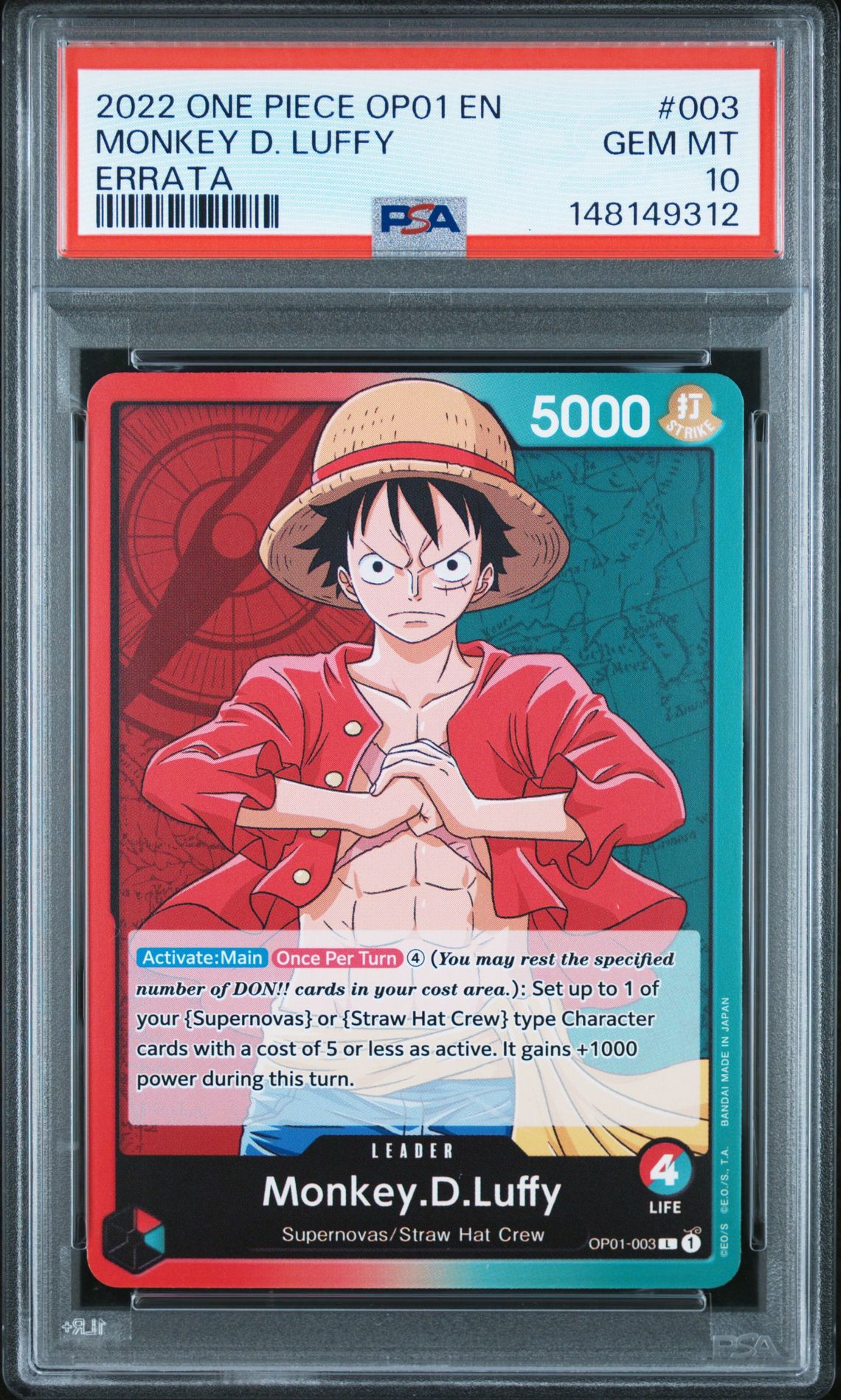 2022 One Piece Op01-Romance Dawn Monkey D. Luffy #003 (Errata) Gem Mt 10 front