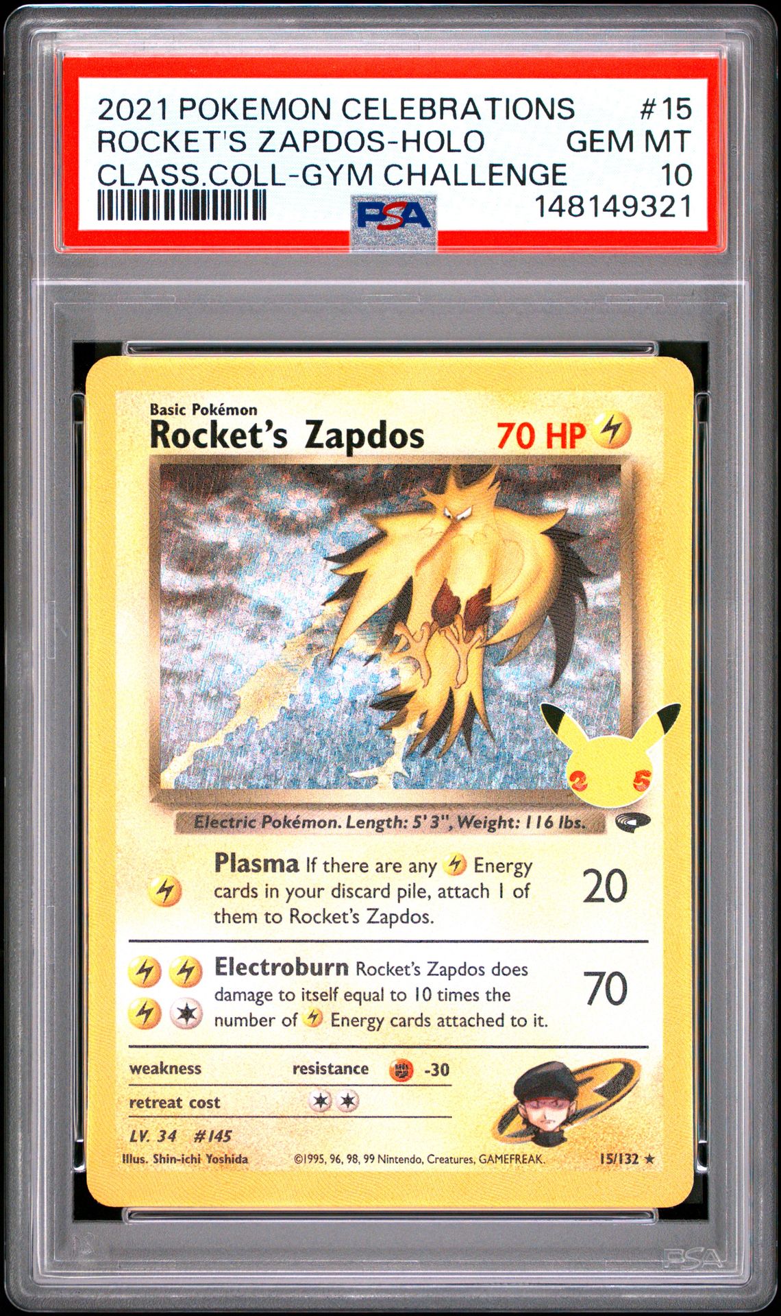 2021 Pokemon Celebrations Classic Collection Rocket's Zapdos-Holo #15 (Class.coll-Gym Challenge) Gem Mt 10 front