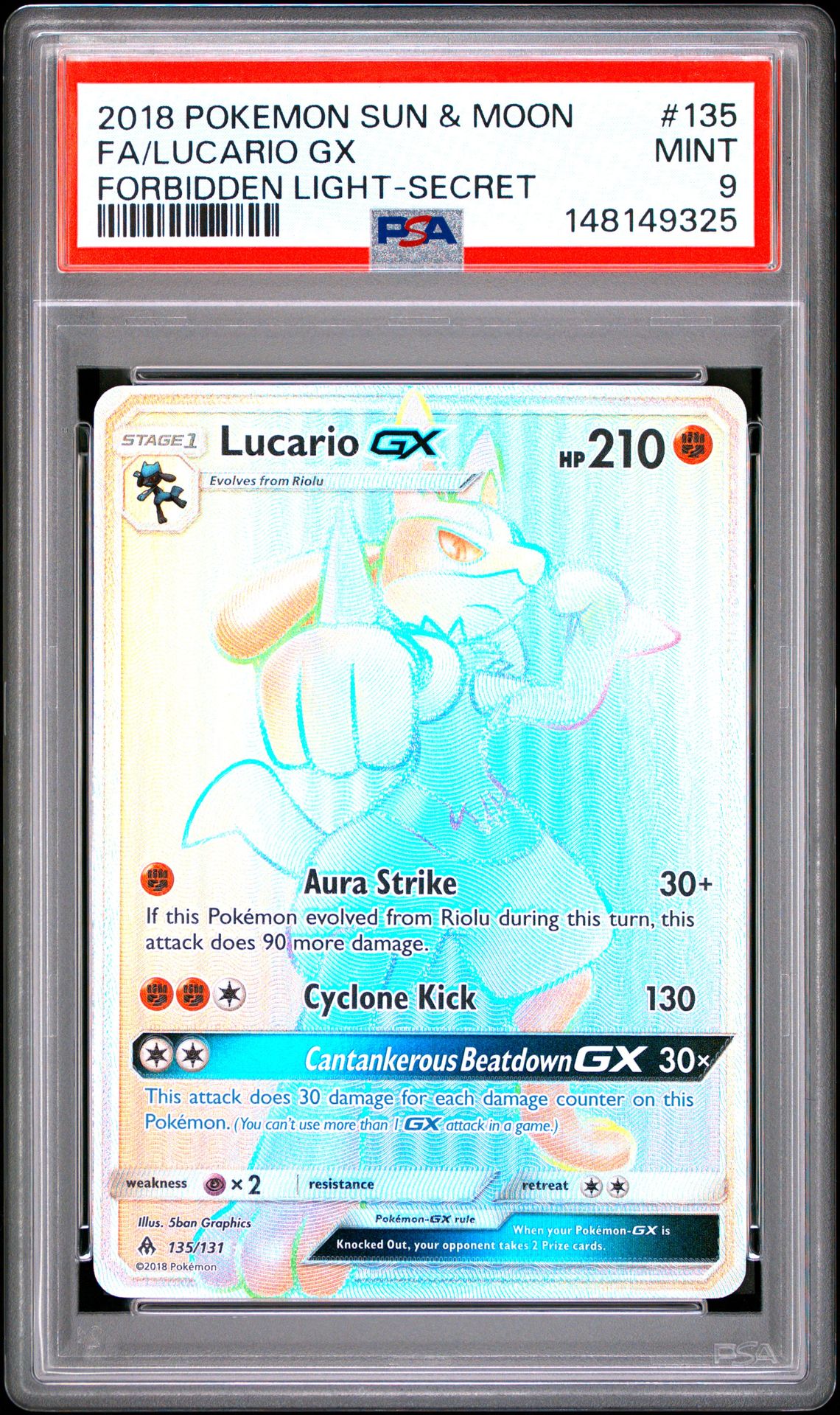 2018 Pokemon Sun & Moon Forbidden Light Fa/Lucario Gx #135 (Forbidden Light-Secret) Mint 9 front
