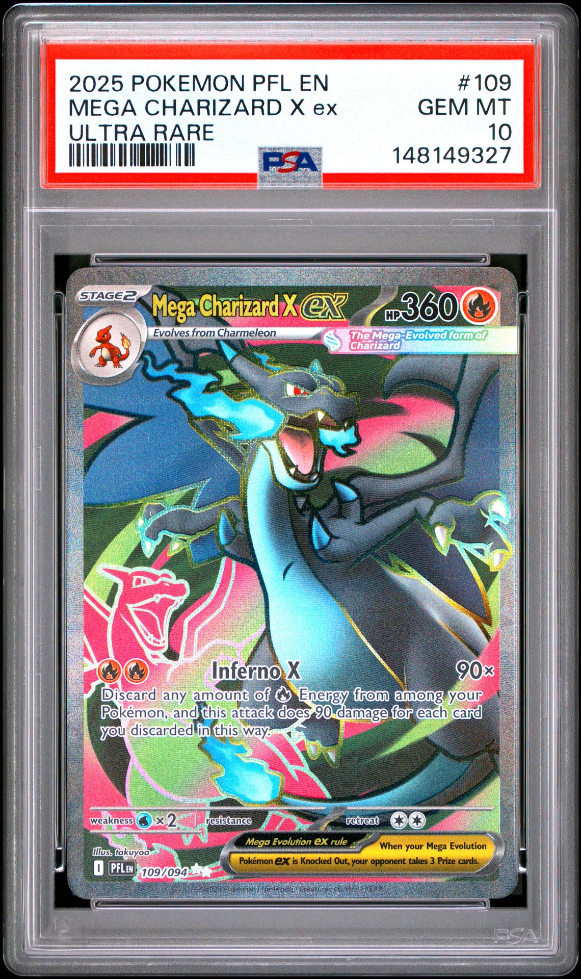 2025 Pokemon Pfl En-Phantasmal Flames Mega Charizard X Ex #109 (Ultra Rare) Gem Mt 10 front view - PSA graded GEM MT 10