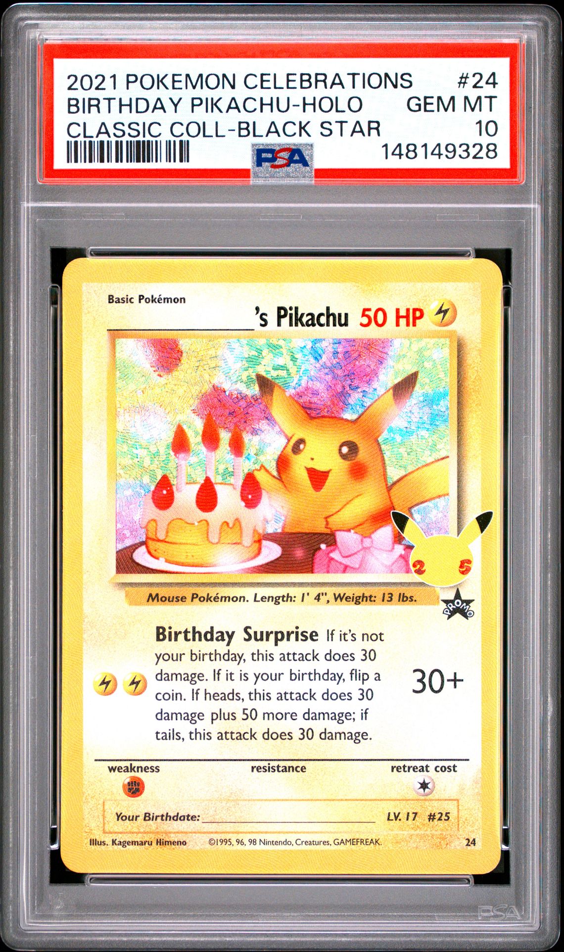 2021 Pokemon Celebrations Classic Collection Birthday Pikachu-Holo #24 (Classic Coll-Black Star) Gem Mt 10 front view - PSA graded GEM MT 10