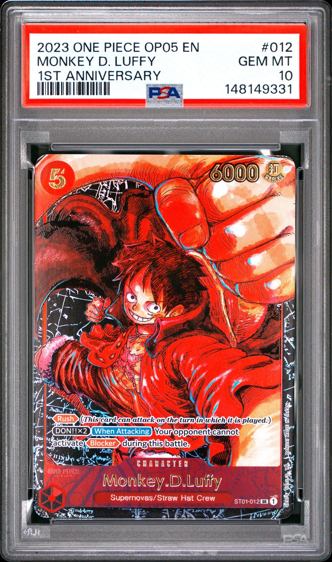 2023 One Piece Op05-Awakening Of The New Era Monkey D. Luffy #012 (1St Anniversary) Gem Mt 10 front