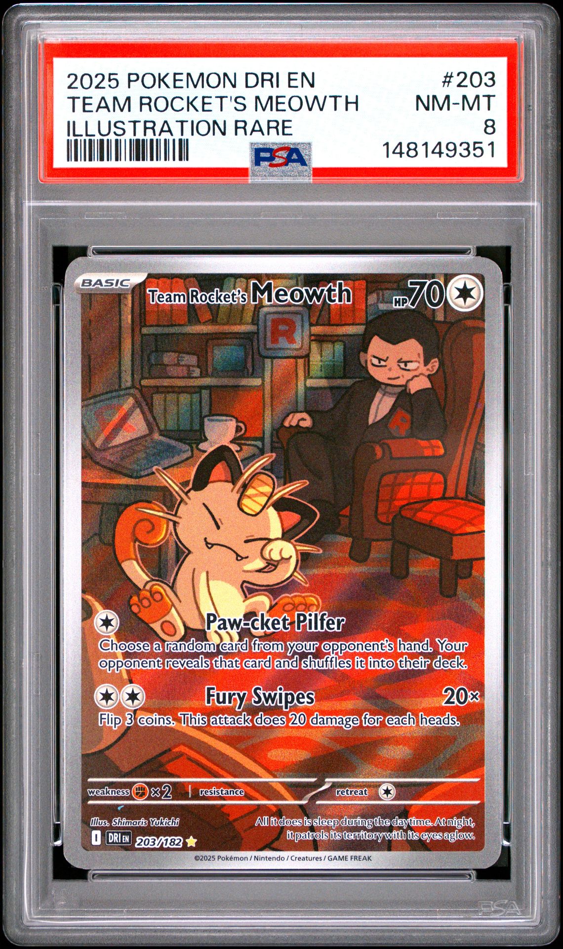 2025 Pokemon Dri En-Destined Rivals Team Rocket's Meowth #203 (Illustration Rare) Nm-Mt 8 front