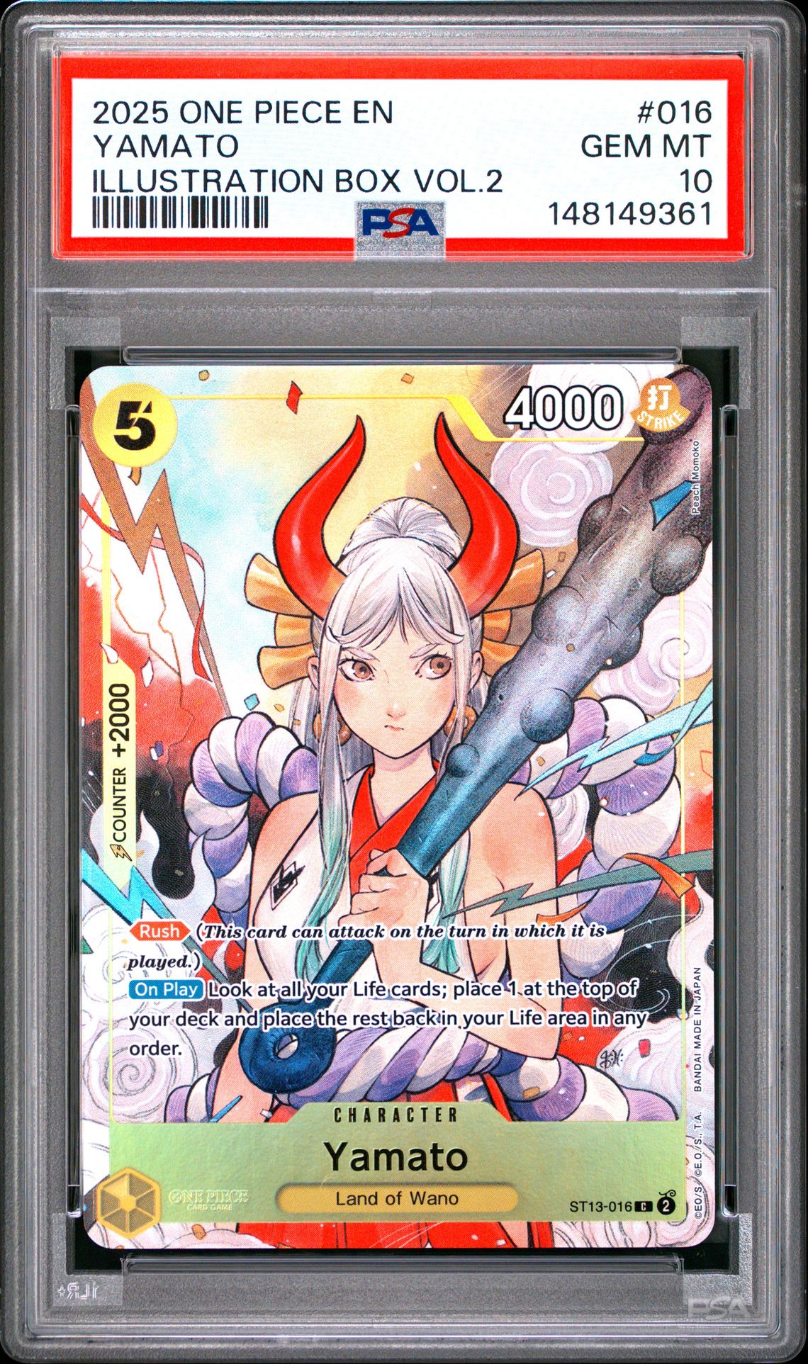 2025 One Piece Promos Yamato #016 (Illustration Box Vol.2) Gem Mt 10 front view - PSA graded GEM MT 10