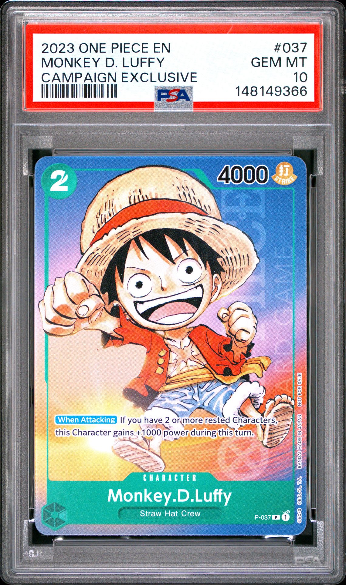 2023 One Piece Promos Monkey D. Luffy #037 (Campaign Exclusive) Gem Mt 10 front view - PSA graded GEM MT 10