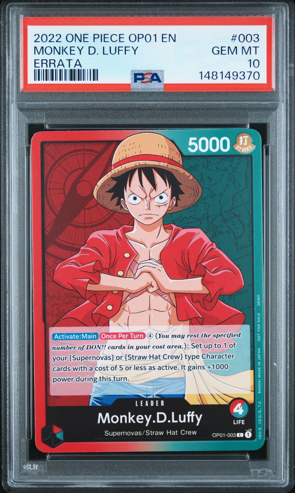 2022 One Piece Op01-Romance Dawn Monkey D. Luffy #003 (Errata) Gem Mt 10 front view - PSA graded GEM MT 10
