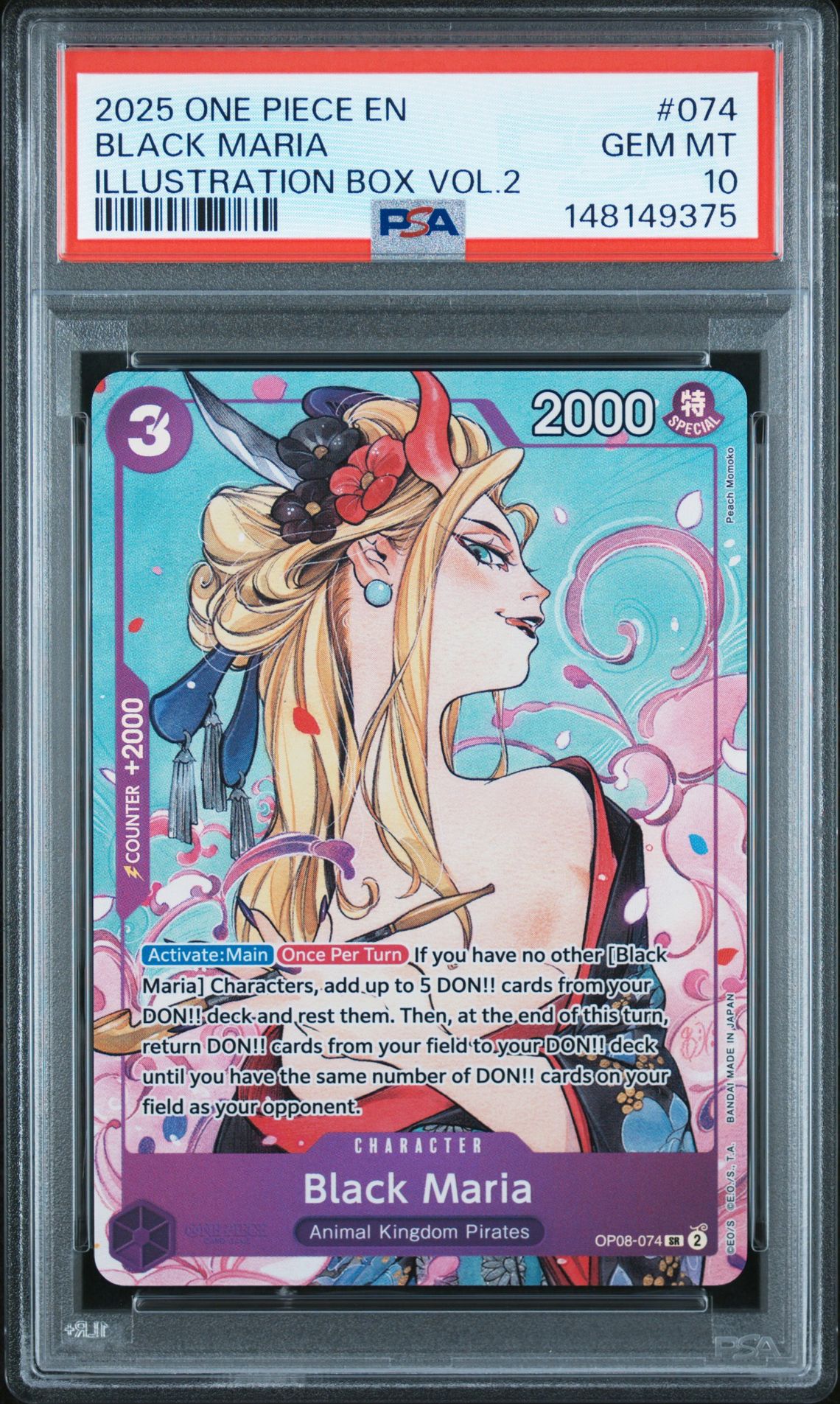2025 One Piece Promos Black Maria #074 (Illustration Box Vol.2) Gem Mt 10 front view - PSA graded GEM MT 10