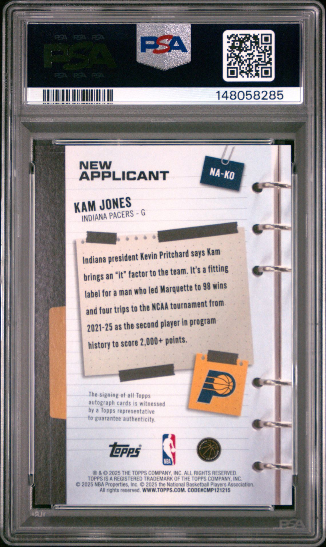 2025 Topps New Applicant Autographs Kam Jones #Na-Ko (New Applicant Autograph) Mint 9 back