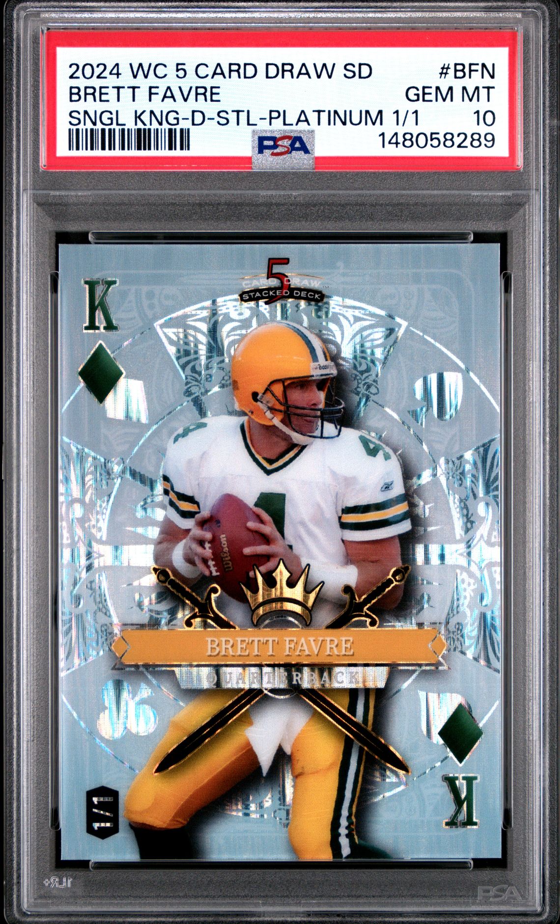 2024 Wild Card 5 Card Draw Stacked Deck Single King Promo Brett Favre #Bfn (Sngl Kng-D-Stl-Platinum 1/1) Gem Mt 10 front