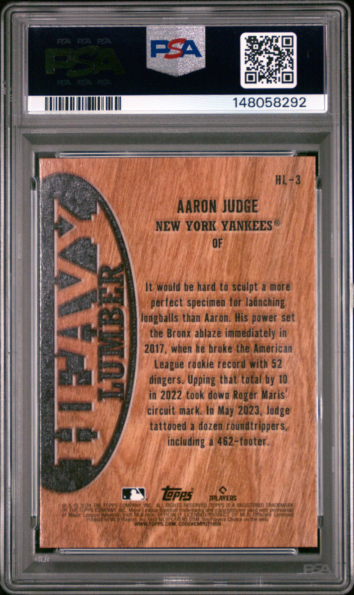 2024 Topps Heavy Lumber Aaron Judge #Hl3 Gem Mt 10 back