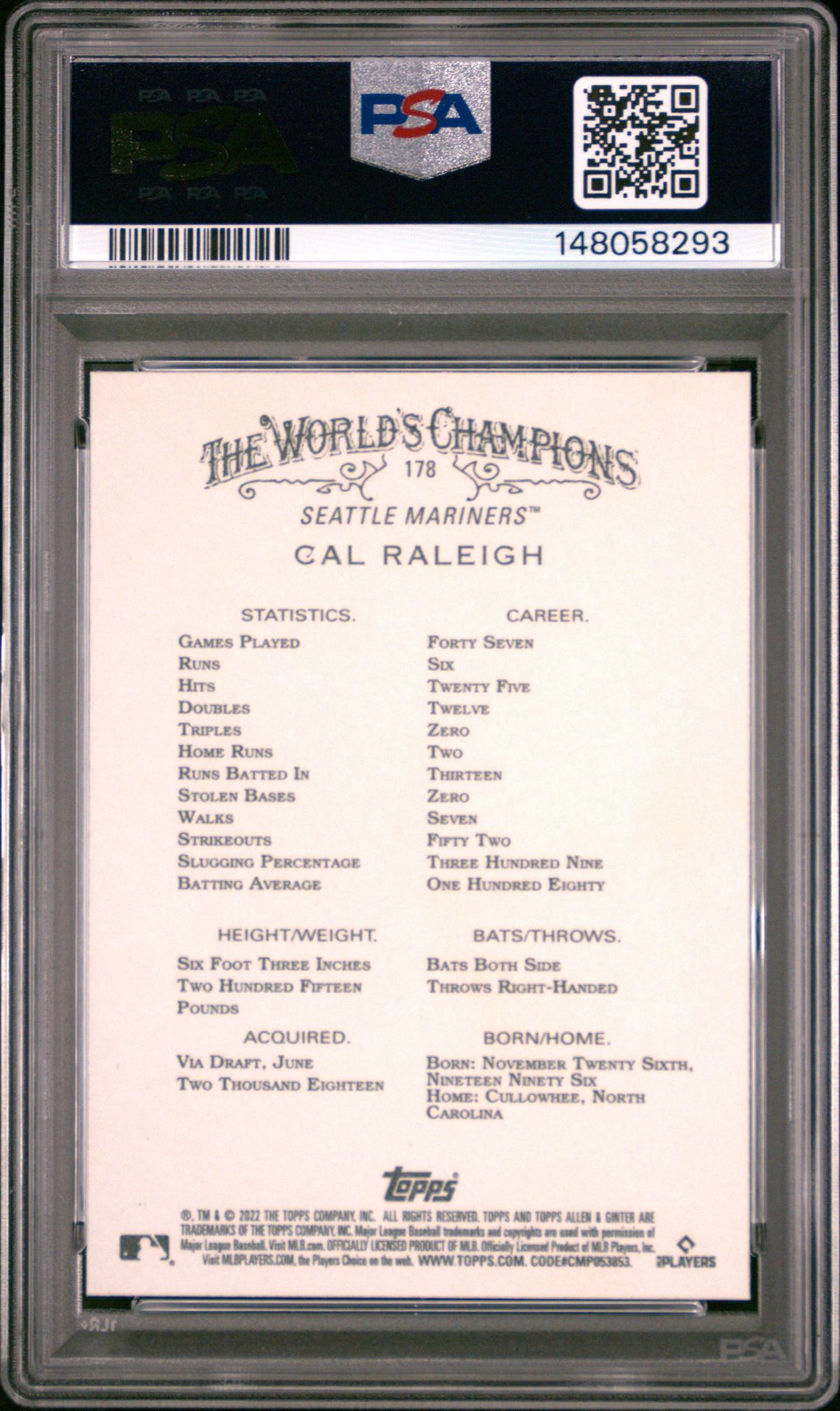 2022 Topps Allen & Ginter Cal Raleigh #178 Gem Mt 10 back