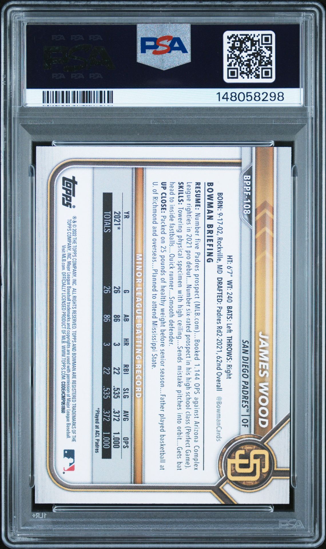 2022 Bowman 1St Edition James Wood #Bppf108 Gem Mt 10 back view - PSA certificate #148058298