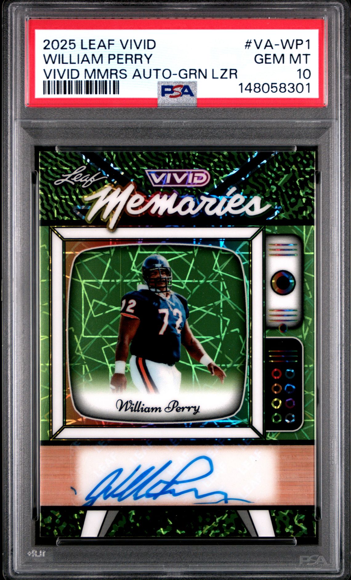 2025 Leaf Vivid Vivid Memories Autographs William Perry #Va-Wp1 (Vivid Mmrs Auto-Grn Lzr) Gem Mt 10 front