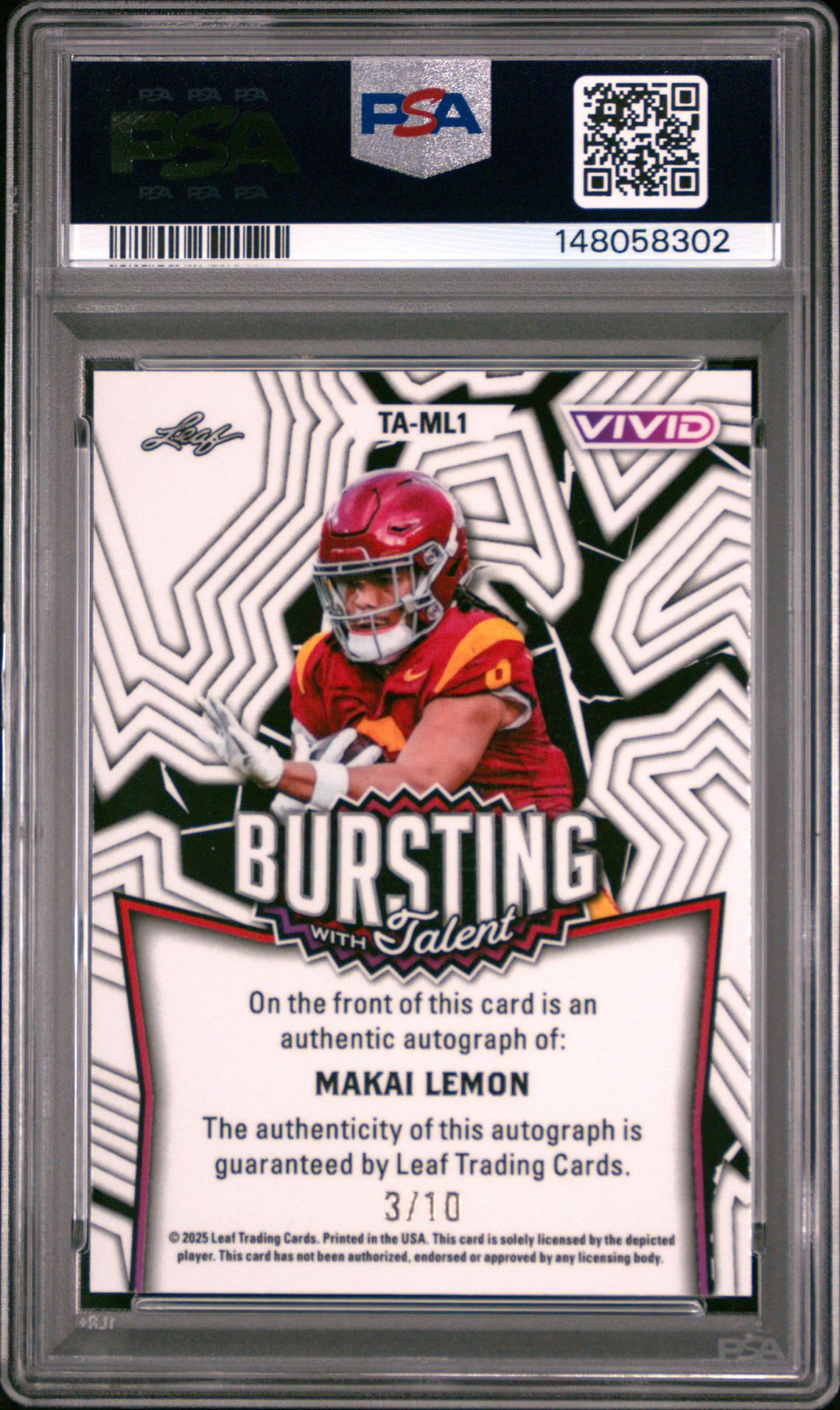 2025 Leaf Vivid Bursting With Talent Autographs Makai Lemon #Ta-Ml1 (Burst/Talent Au-Teal Lava) Gem Mt 10 back view - PSA certificate #148058302
