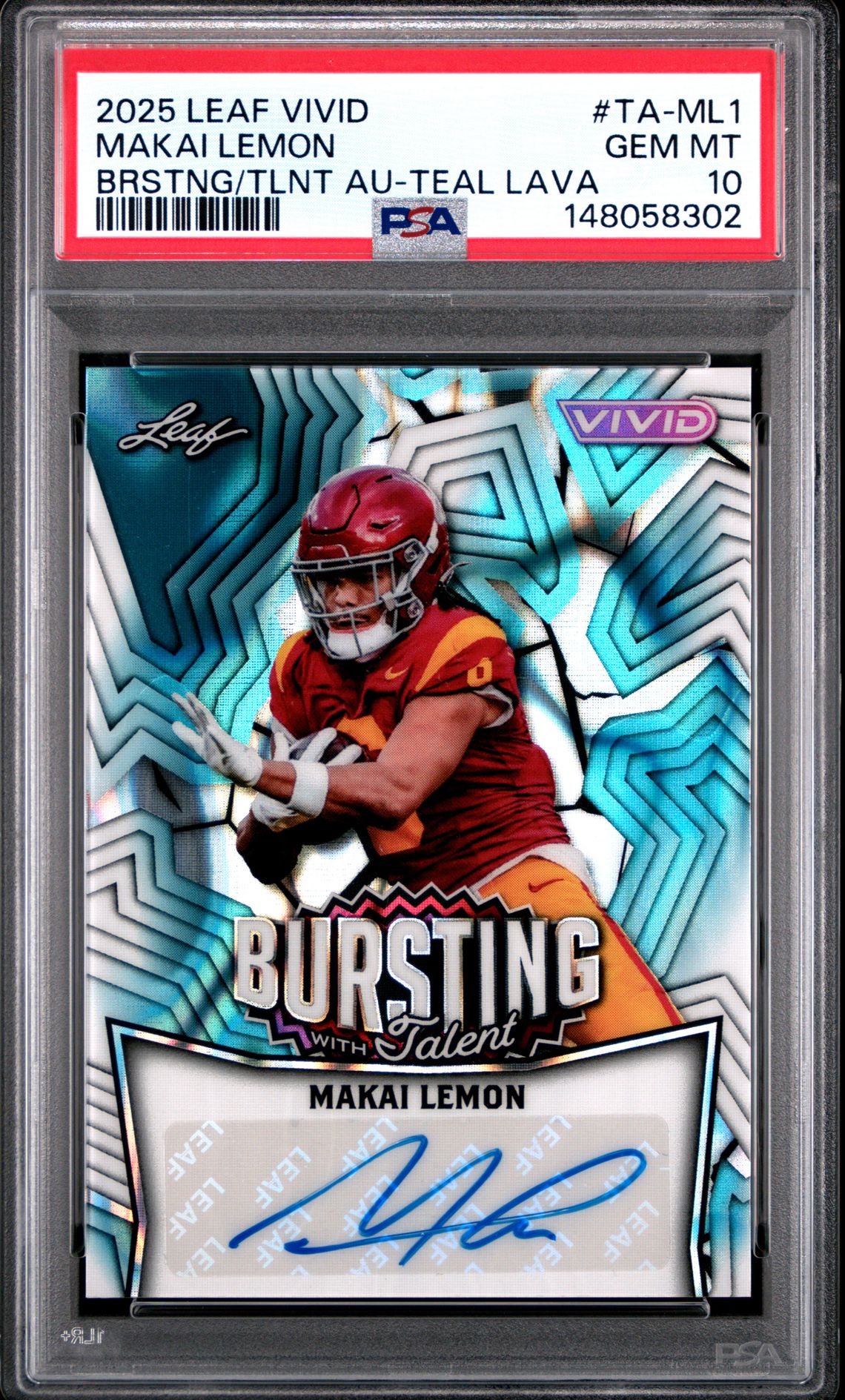2025 Leaf Vivid Bursting With Talent Autographs Makai Lemon #Ta-Ml1 (Burst/Talent Au-Teal Lava) Gem Mt 10 front view - PSA graded GEM MT 10