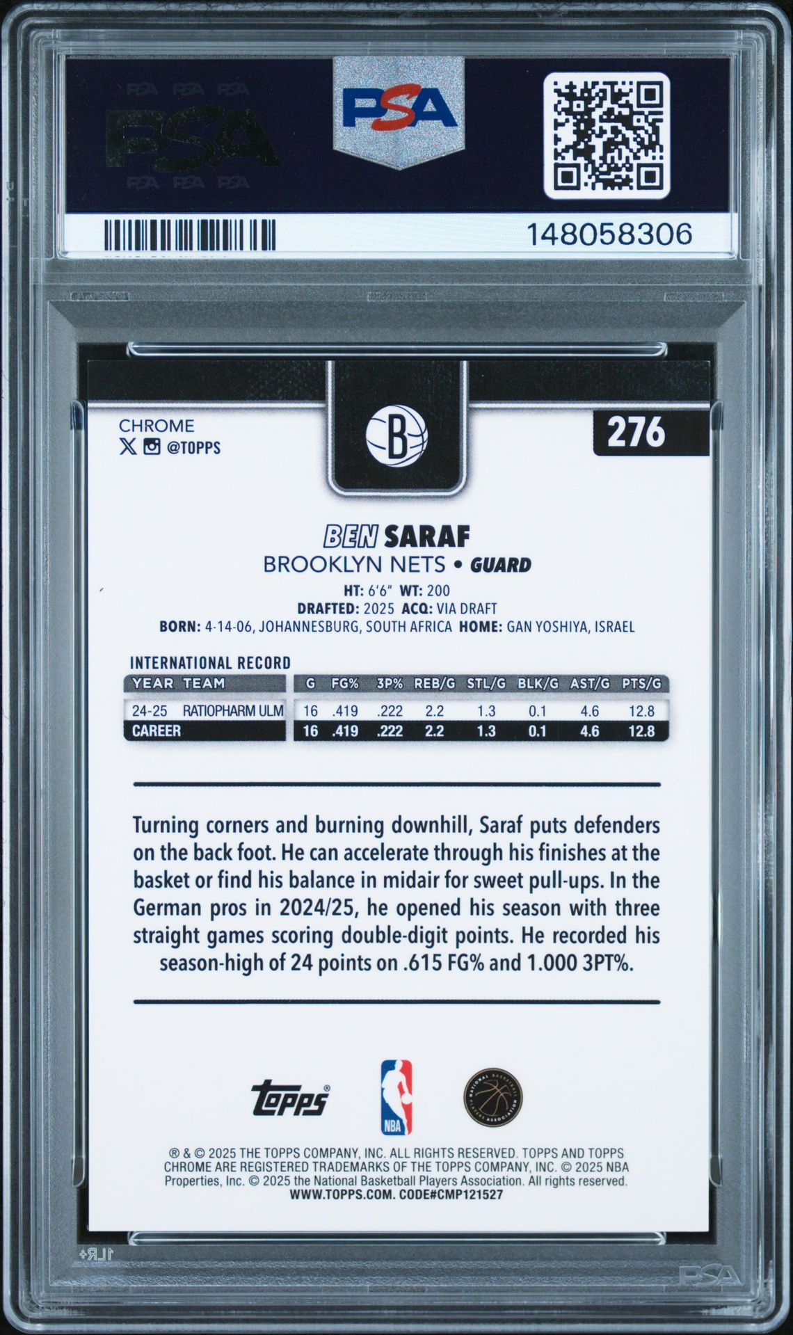 2025 Topps Chrome Ben Saraf #276 (Gold Refractor) Gem Mt 10 back