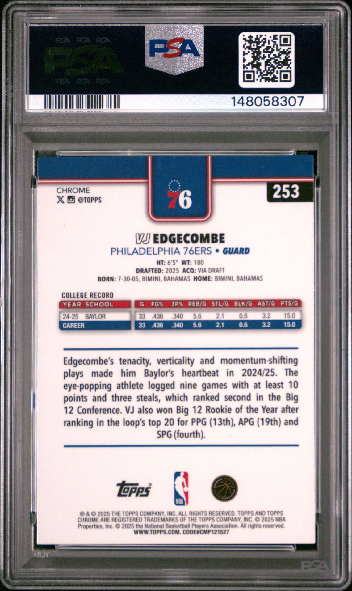 2025 Topps Chrome Vj Edgecombe #253 (Refractor) Mint 9 back