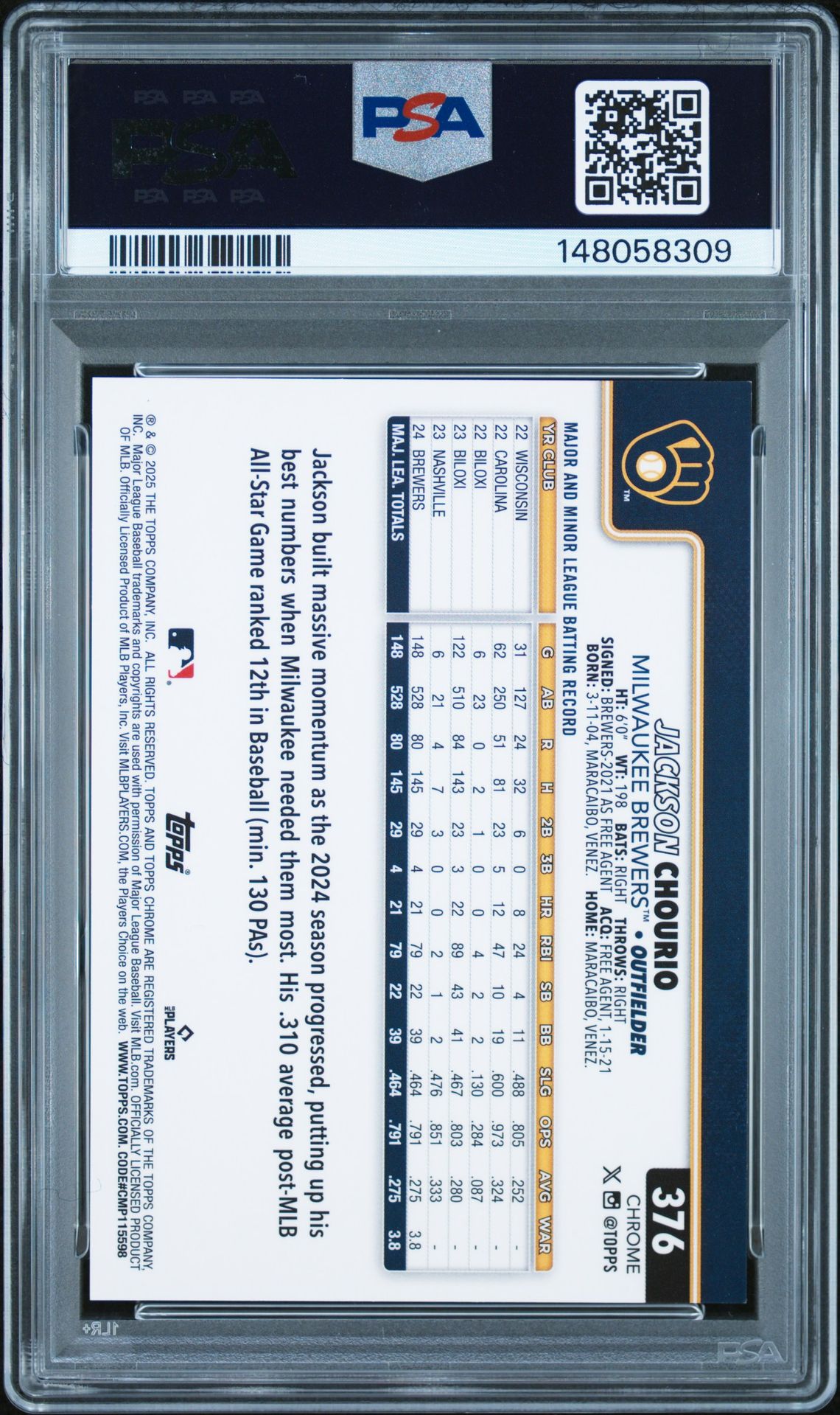 2025 Topps Chrome Update Cupfractor Variations Jackson Chourio #376 Mint 9 back