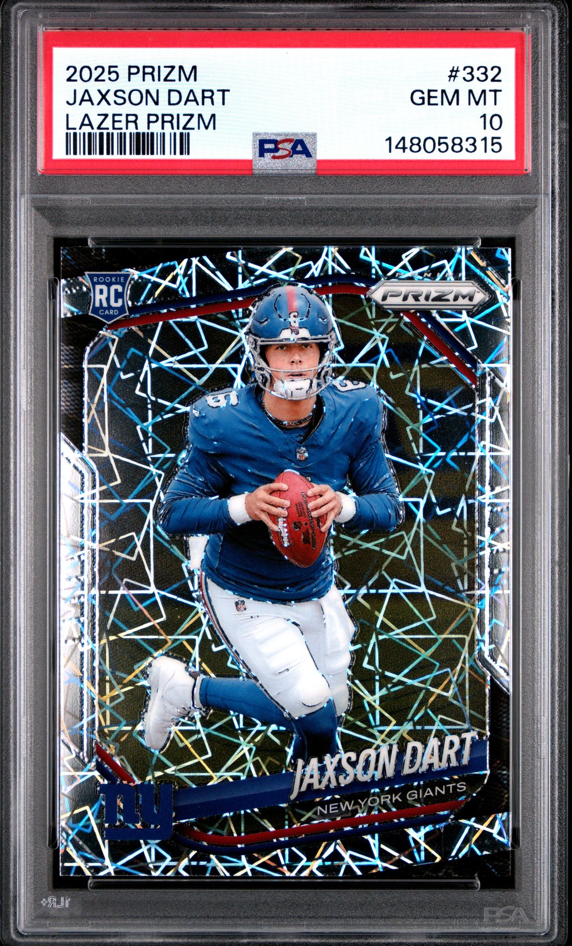 2025 Panini Prizm Jaxson Dart #332 (Lazer Prizm) Gem Mt 10 front view - PSA graded GEM MT 10