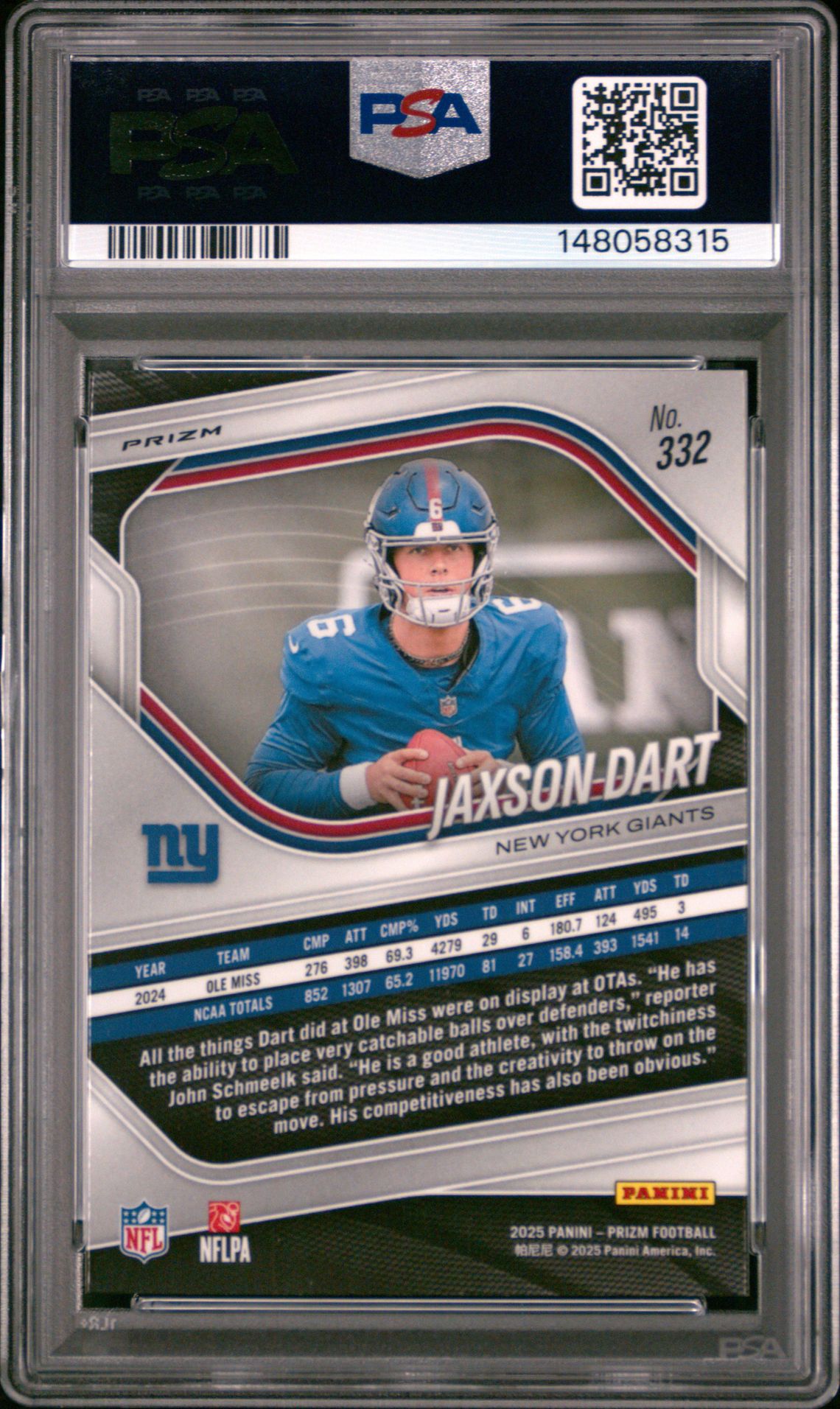 2025 Panini Prizm Jaxson Dart #332 (Lazer Prizm) Gem Mt 10 back view - PSA certificate #148058315