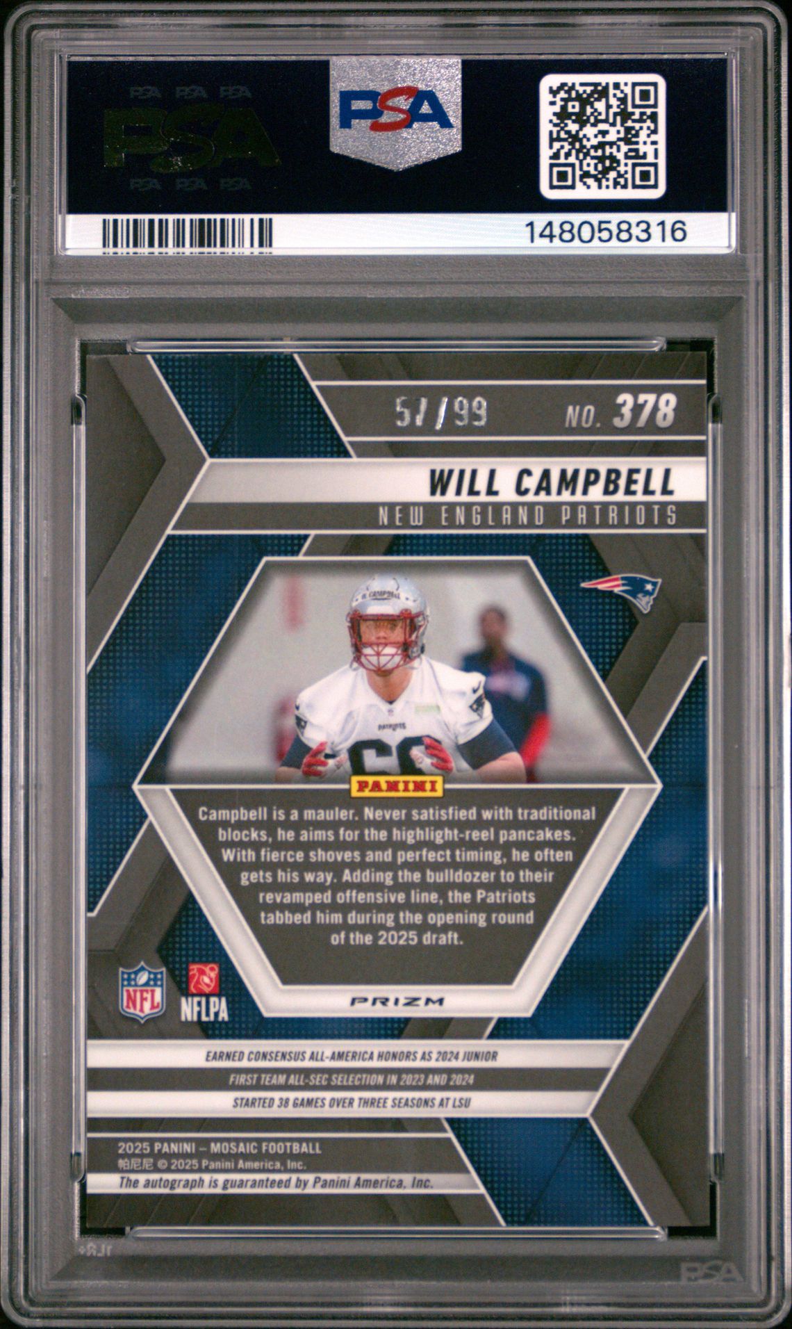 2025 Panini Mosaic Will Campbell #378 (Autograph-Blue) Mint 9 back