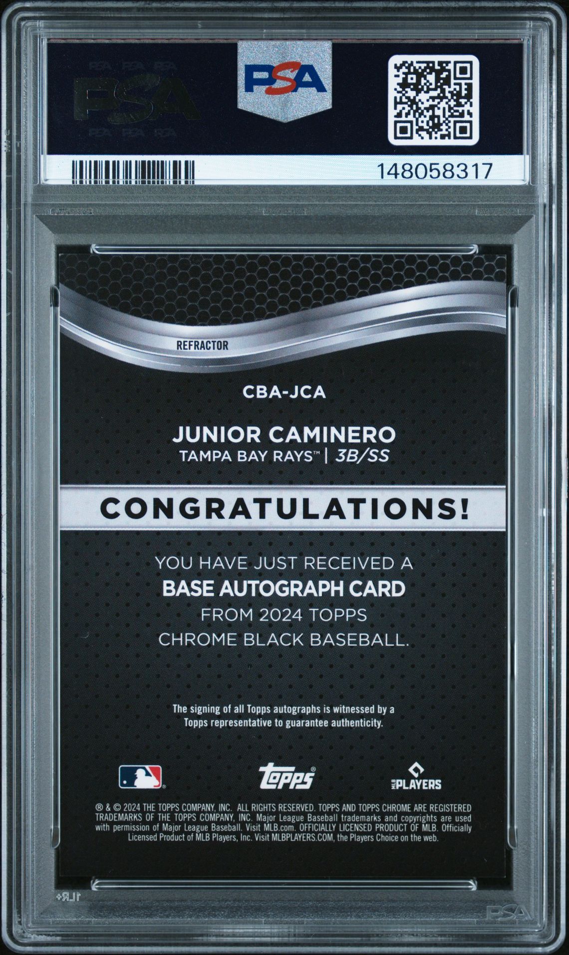 2024 Topps Chrome Black Autographs Junior Caminero #Jca (Autograph-Refractor) Mint 9 back