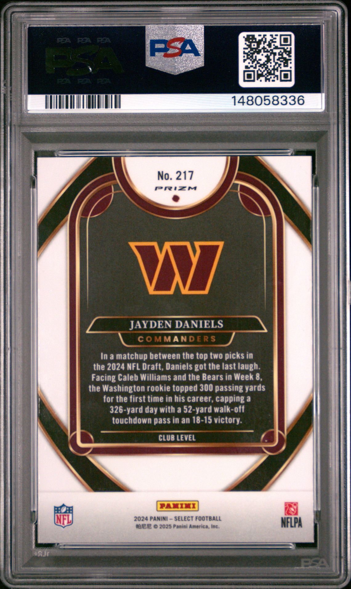 2024 Panini Select Jayden Daniels #217 (Red & Yellow Shock) Gem Mt 10 back view - PSA certificate #148058336