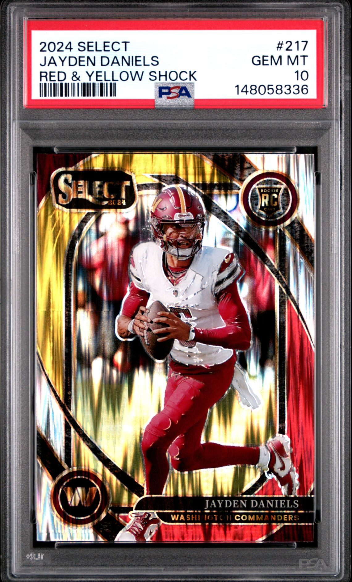 2024 Panini Select Jayden Daniels #217 (Red & Yellow Shock) Gem Mt 10 front view - PSA graded GEM MT 10