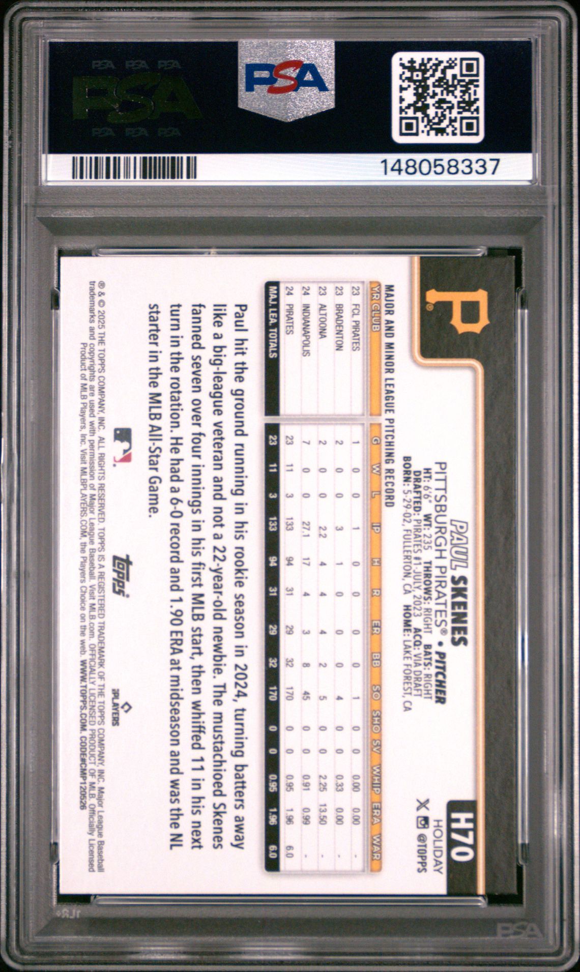 2025 Topps Holiday Paul Skenes #H70 Mint 9 back