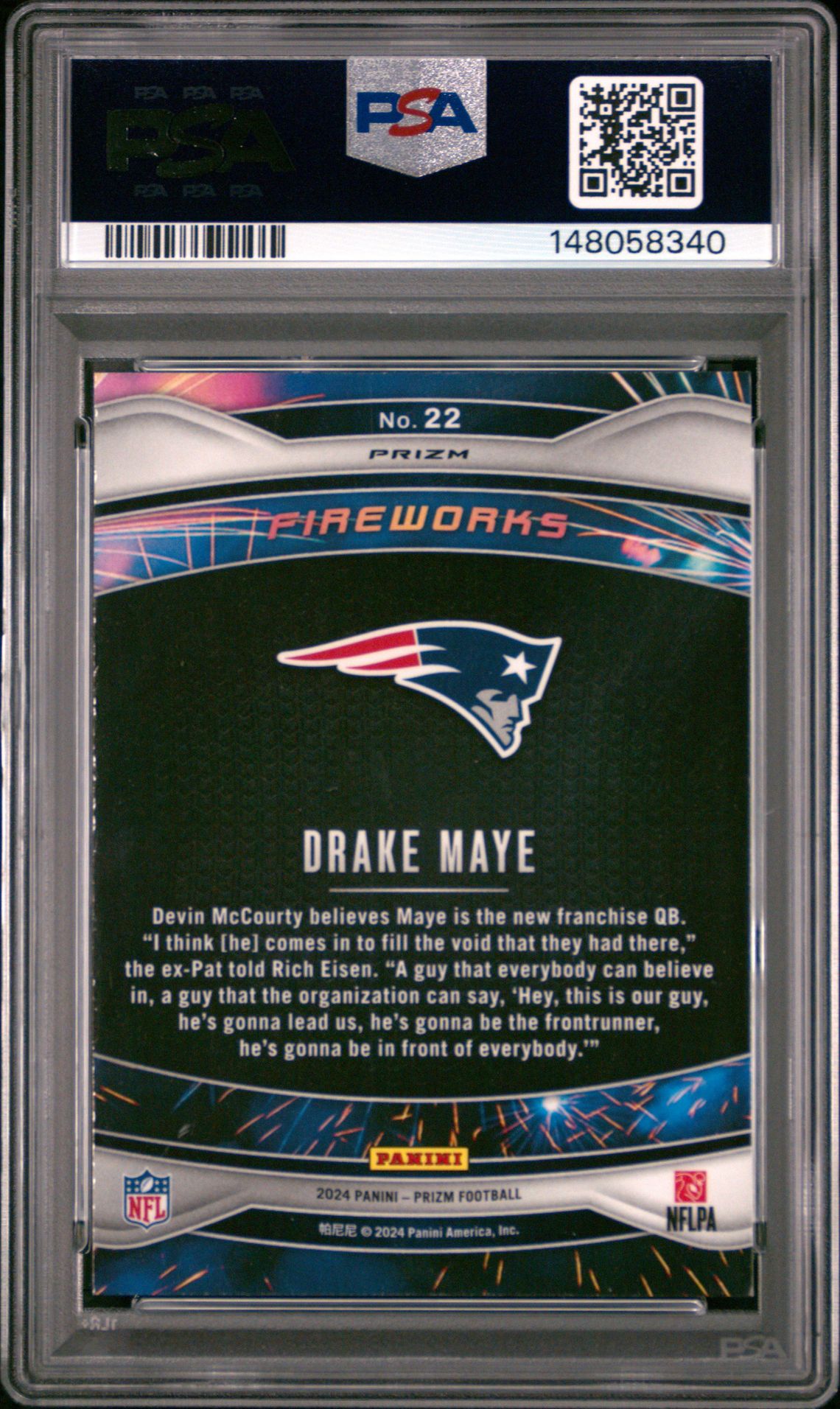 2024 Panini Prizm Fireworks Drake Maye #22 (Fireworks-Green Prizm) Gem Mt 10 back view - PSA certificate #148058340