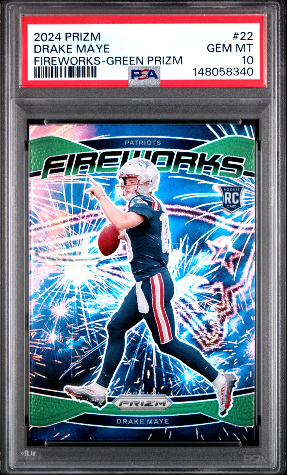 2024 Panini Prizm Fireworks Drake Maye #22 (Fireworks-Green Prizm) Gem Mt 10 front view - PSA graded GEM MT 10