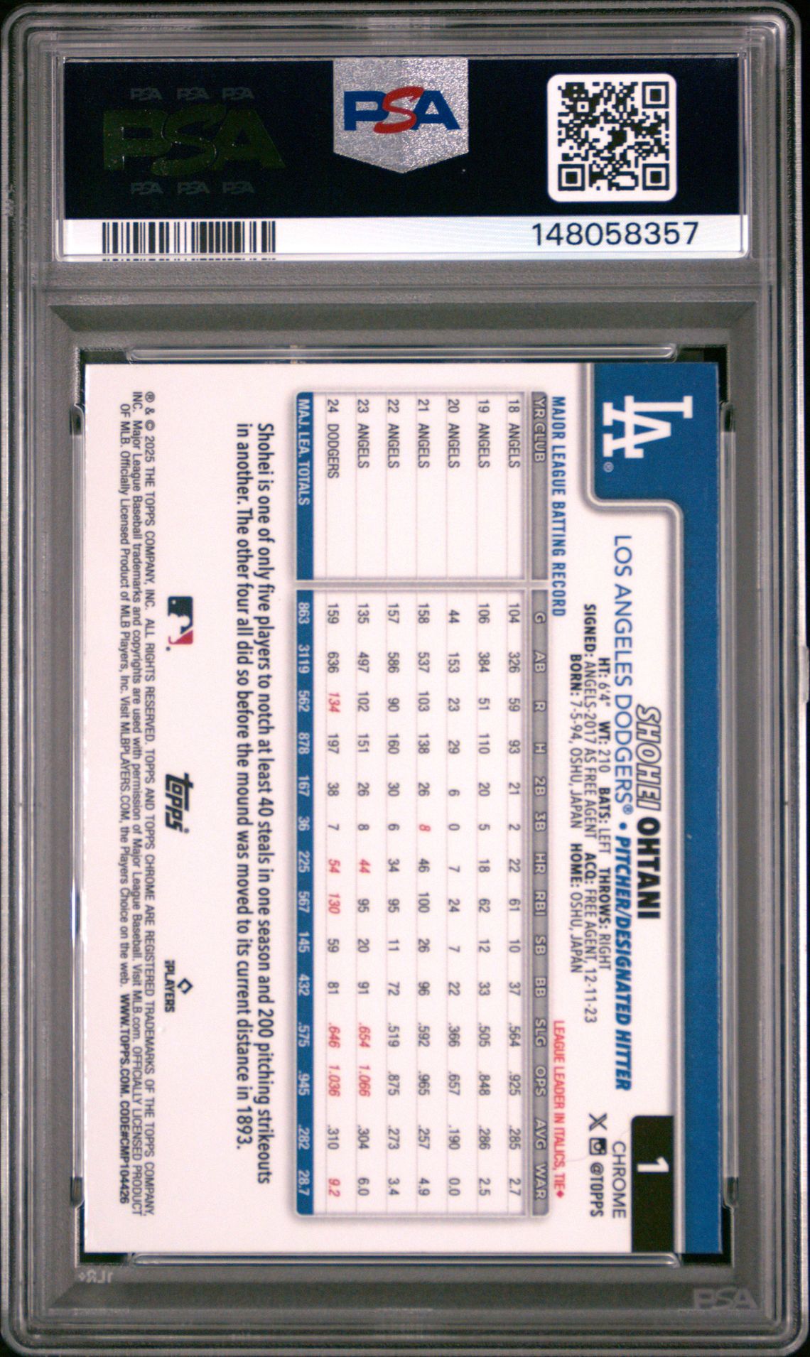 2025 Topps Chrome Shohei Ohtani #1 (Prism Refractor) Gem Mt 10 back