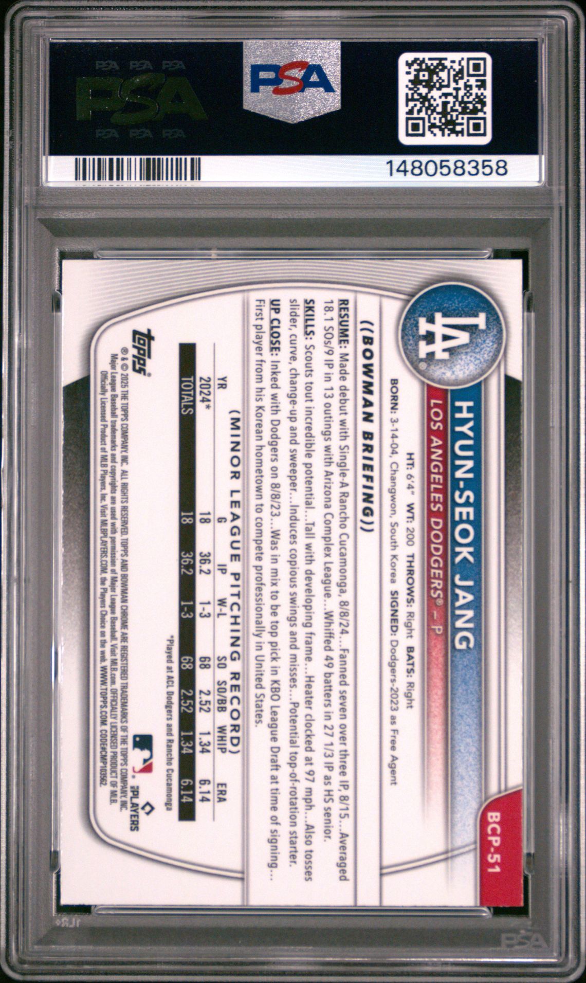 2025 Bowman Mega Box Chrome Prospects Hyun-Seok Jang #51 Gem Mt 10 back