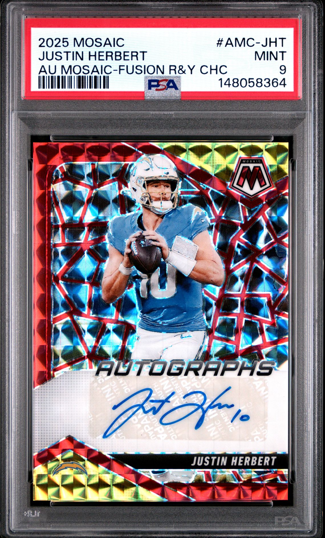 2025 Panini Mosaic Autographs Mosaic Justin Herbert #Amc-Jht (Au Mosaic-Fusion R&Y Chc) Mint 9 front