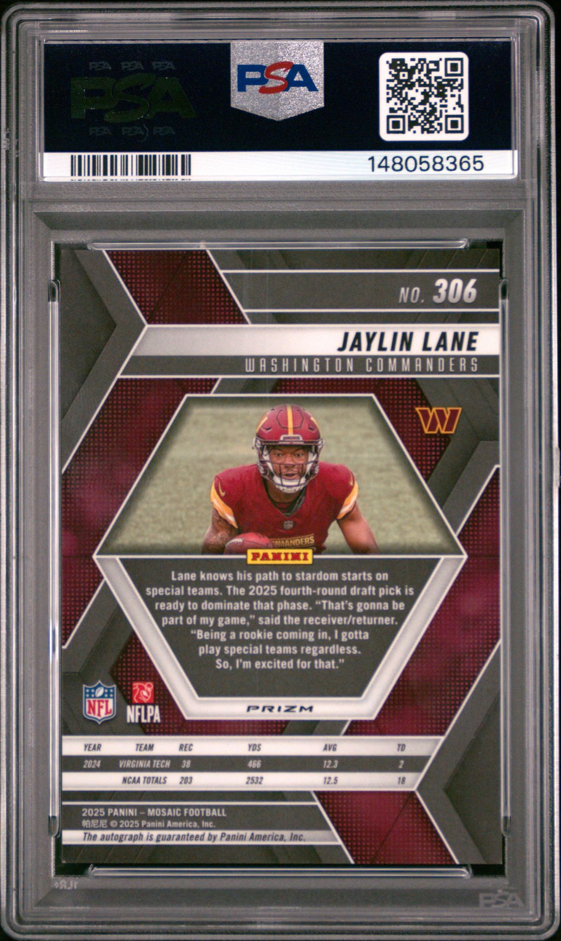 2025 Panini Mosaic Jaylin Lane #306 (Auto-Fusion Red & Ylw Choice) Gem Mt 10 back