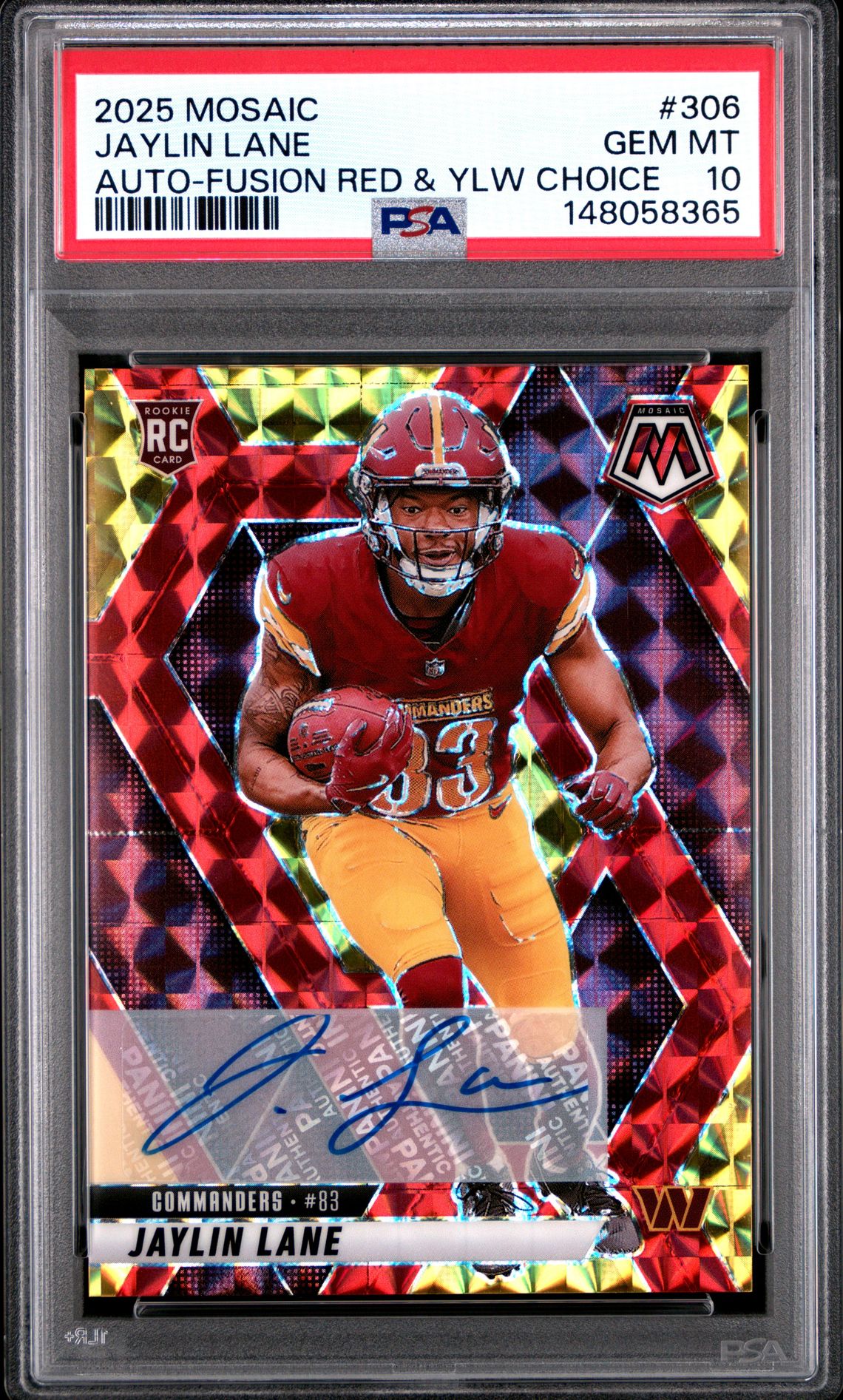 2025 Panini Mosaic Jaylin Lane #306 (Auto-Fusion Red & Ylw Choice) Gem Mt 10 front
