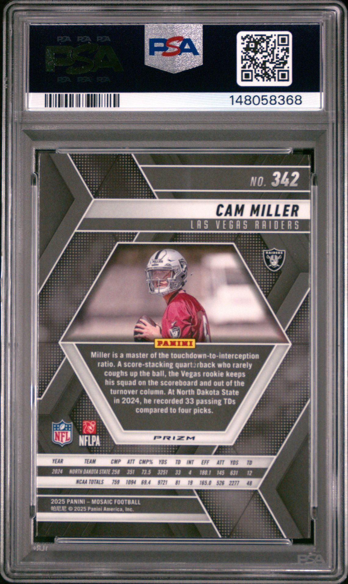 2025 Panini Mosaic Cam Miller #342 (Red & Green Choice) Gem Mt 10 back