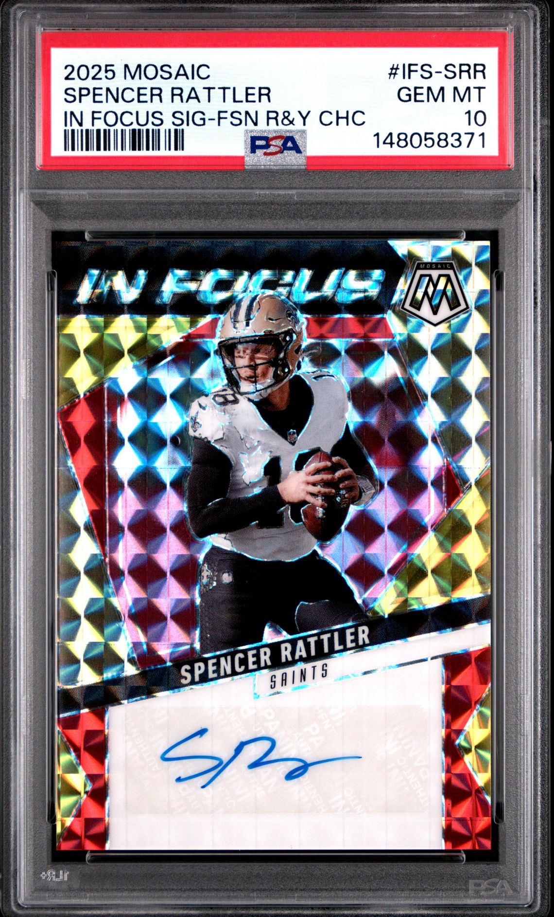 2025 Panini Mosaic In Focus Signatures Spencer Rattler #Ifs-Srr (In Focus Sig-Fsn R&Y Chc) Gem Mt 10 front