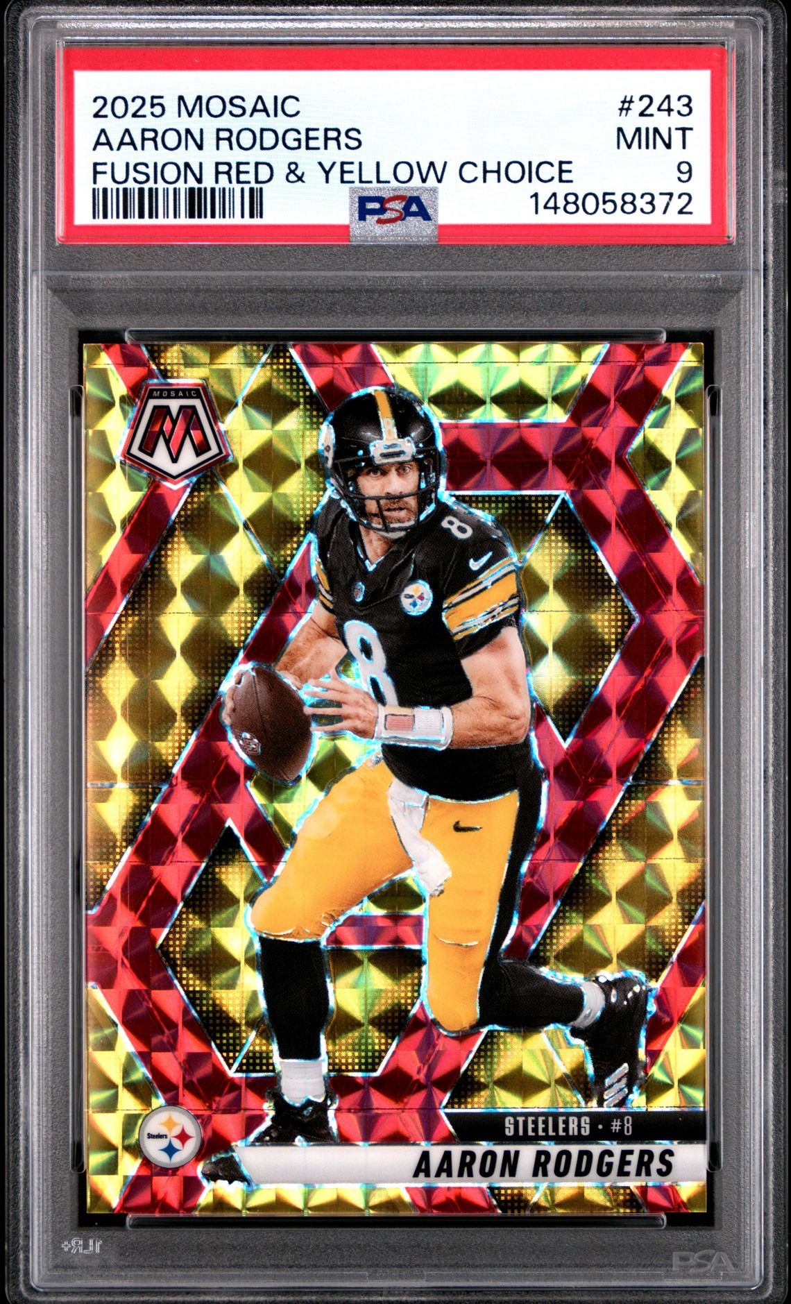 2025 Panini Mosaic Aaron Rodgers #243 (Fusion Red & Yellow Choice) Mint 9 front