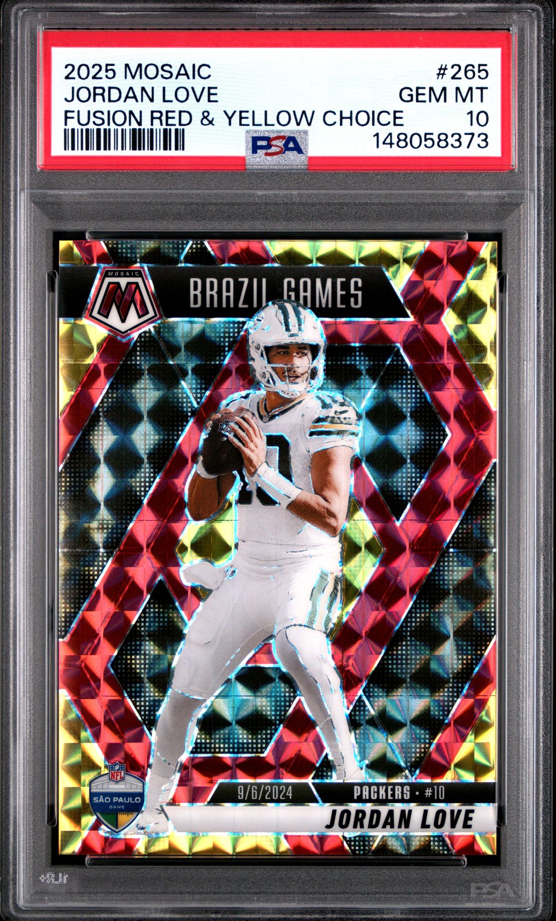 2025 Panini Mosaic Jordan Love #265 (Fusion Red & Yellow Choice) Gem Mt 10 front