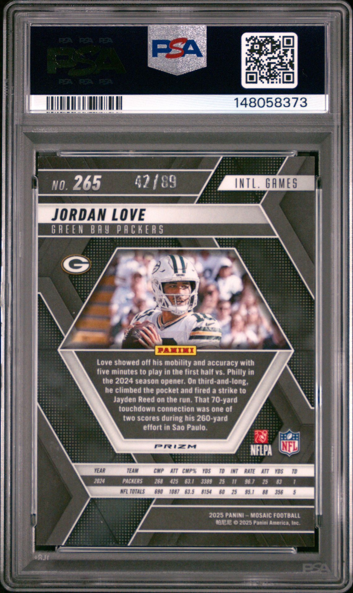 2025 Panini Mosaic Jordan Love #265 (Fusion Red & Yellow Choice) Gem Mt 10 back