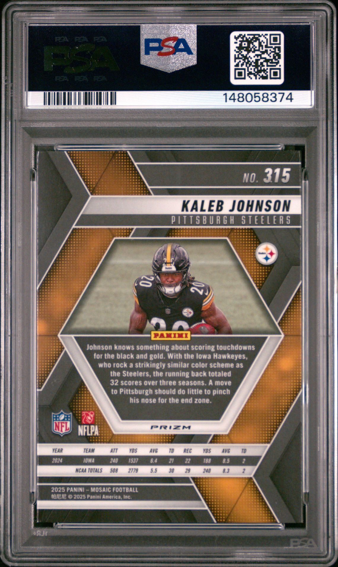 2025 Panini Mosaic Kaleb Johnson #315 (Red & Green Choice) Gem Mt 10 back