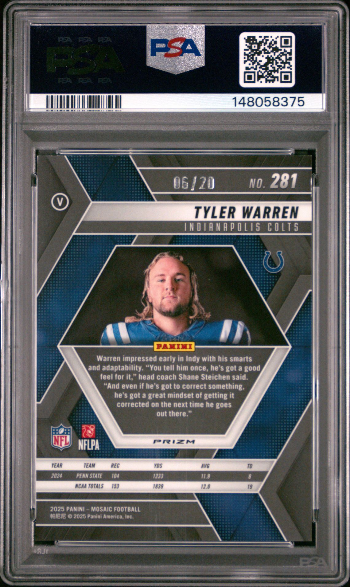 2025 Panini Mosaic Tyler Warren #281 (Cherry Blossom Choice) Gem Mt 10 back