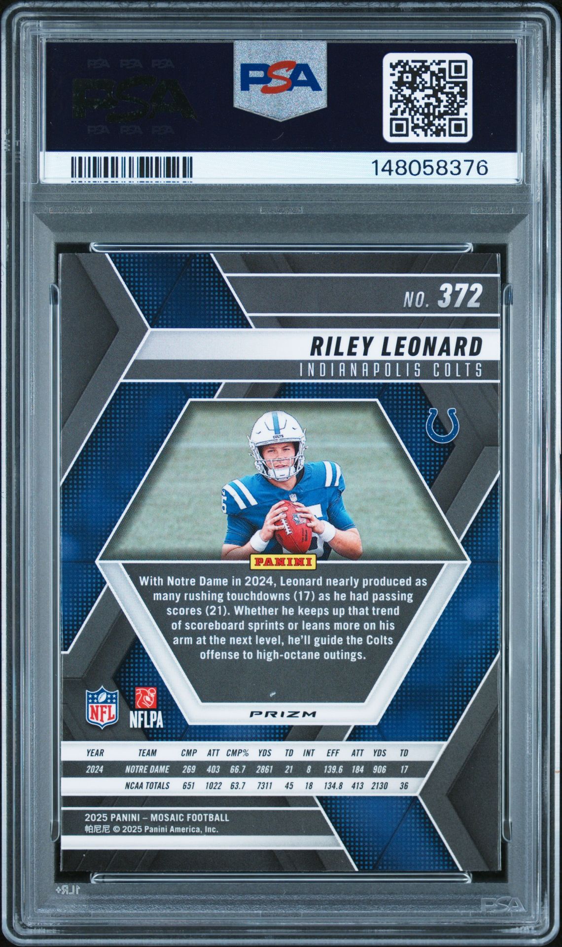 2025 Panini Mosaic Riley Leonard #372 (Red & Green Choice) Gem Mt 10 back