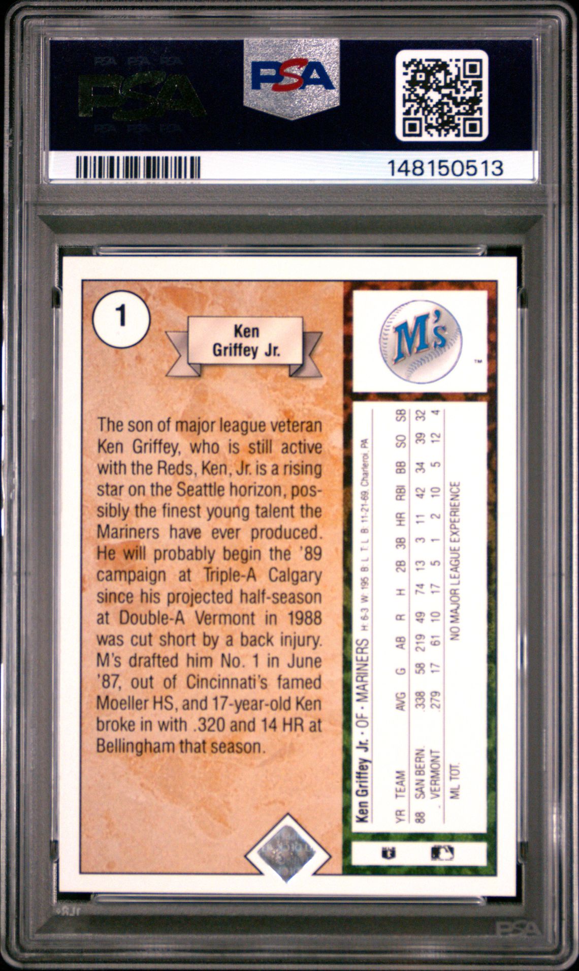 1989 Upper Deck Ken Griffey Jr. #1 (Star Rookie) Mint 9 back