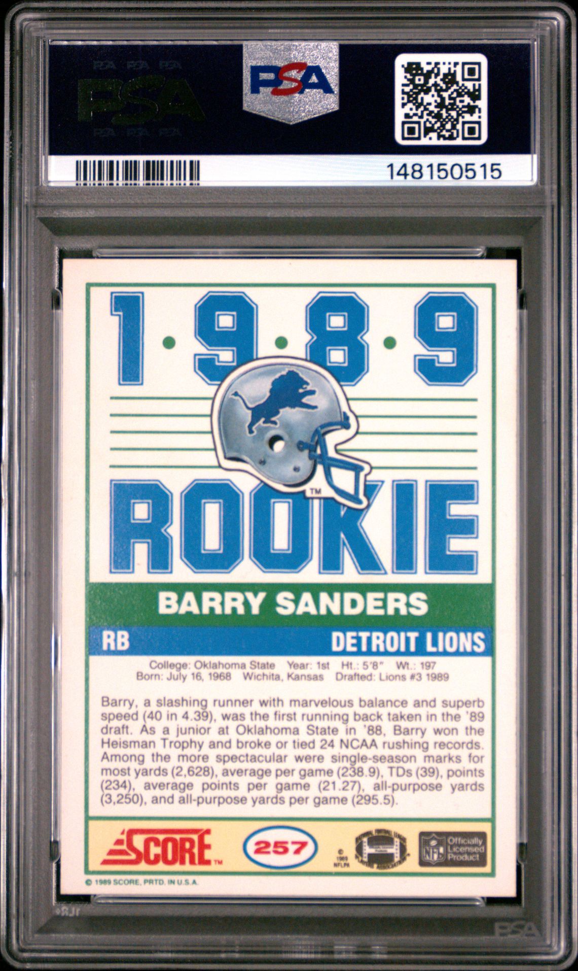 1989 Score Barry Sanders #257 Mint 9 back